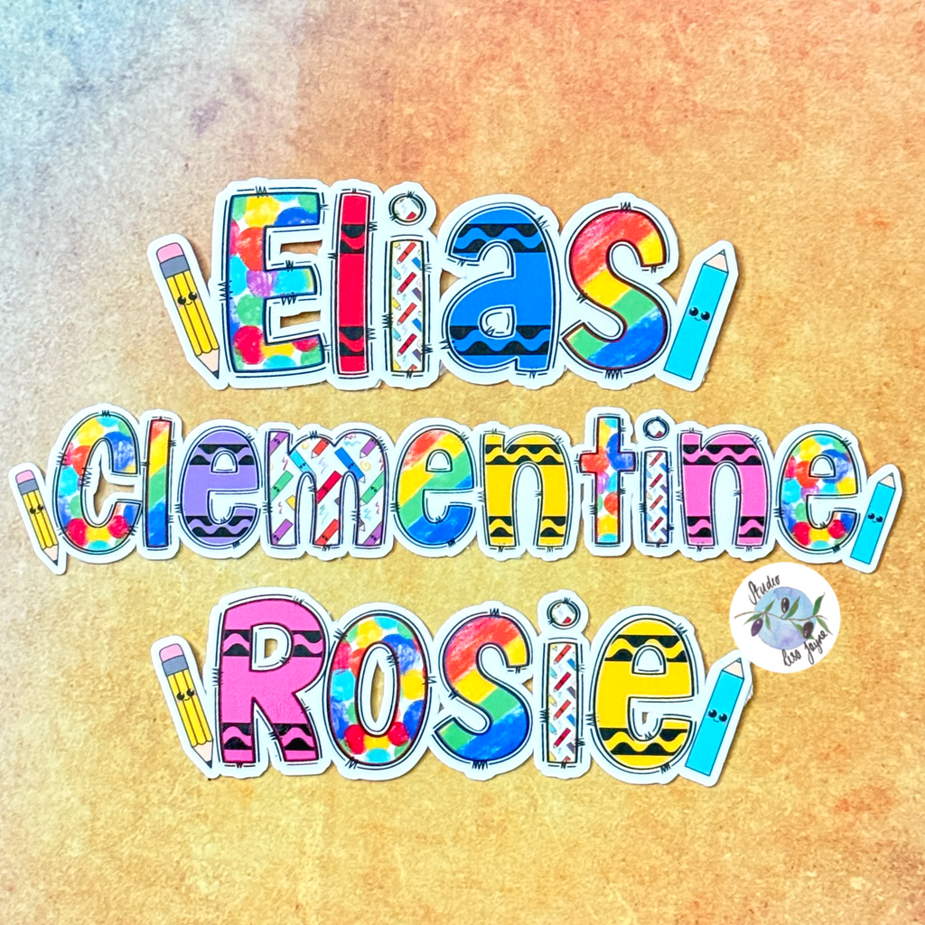 Name Sticker Kids Personalised Art Pencils Crayons Bright Colourful Decal Waterproof Name Labels