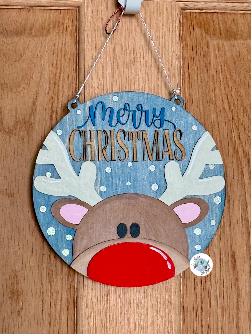 Red Nosed Reindeer Christmas Hanging Sign Handmade and Hand painted Rudolph