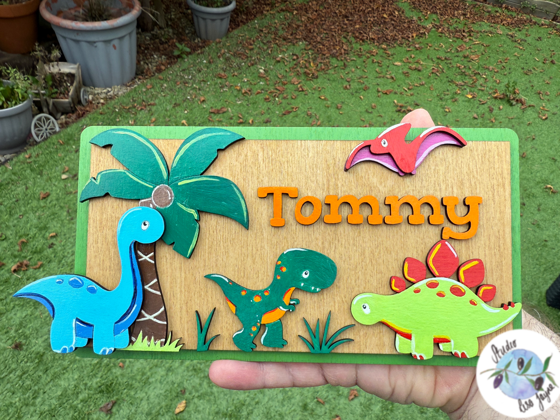 Dinosaur personalised kids name plaque sign plate.  Colourful hand painted children’s bedroom door - nature