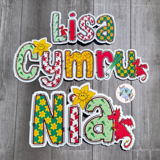Wales Cymru Personalised Waterproof Vinyl Name Sticker - Dragon Leek Daffodil St David’s Day