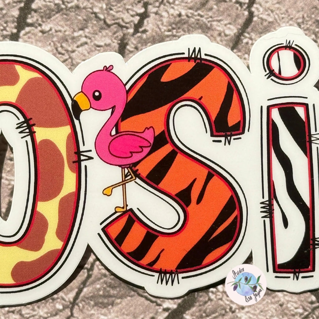 Colorful letter stickers with a flamingo, tiger, and giraffe design on a textured surface.