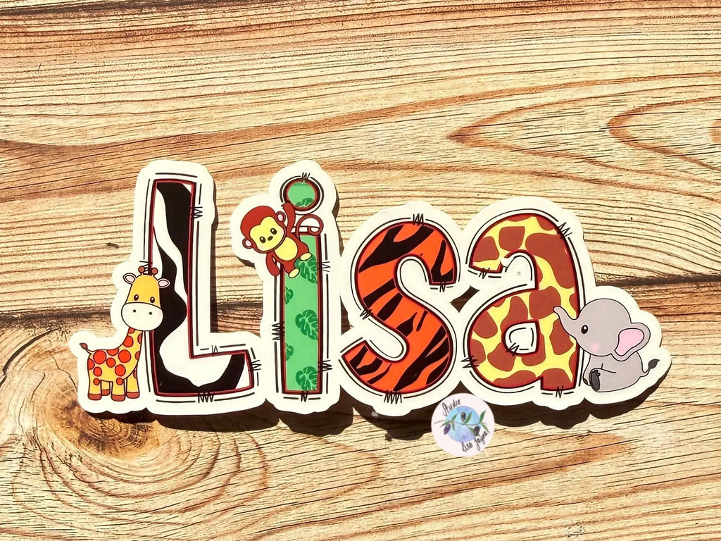 Sticker with the name 'Lisa' featuring animal designs on a wooden background