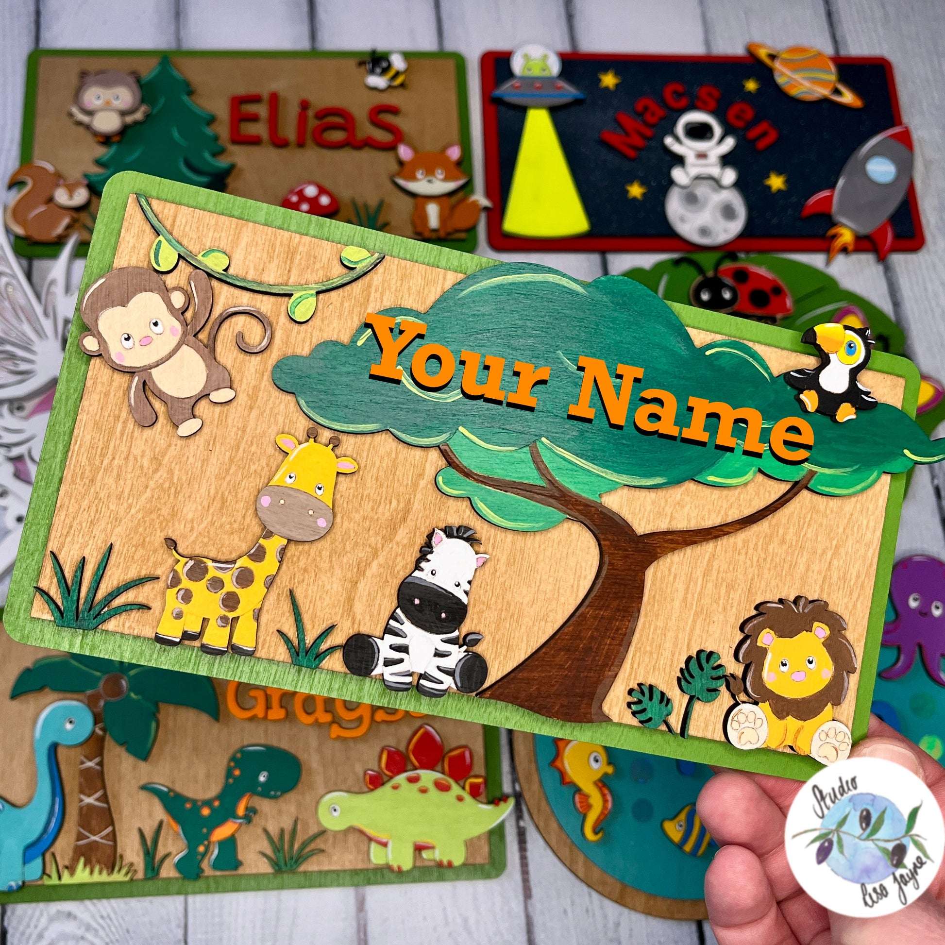 Jungle Animals Children’s Bedroom Door Name Sign - Personalised Kids Nursery Wall Plaque Hand painted - Monkey Lion Zebra Giraffe - In front of other designs