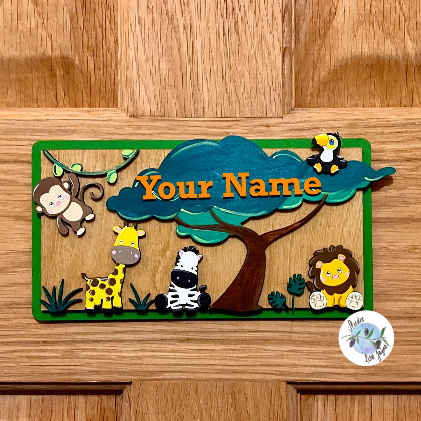 Jungle Animals Children’s Bedroom Door Name Sign - Personalised Kids Nursery Wall Plaque Hand painted - Monkey Lion Zebra Giraffe - Bedroom door