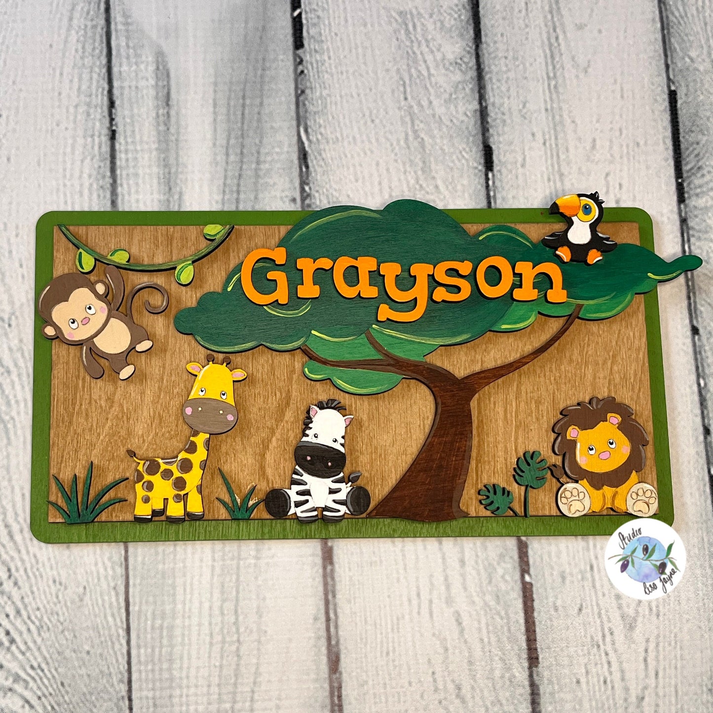 Jungle Animals Children’s Bedroom Door Name Sign - Personalised Kids Nursery Wall Plaque Hand painted - Monkey Lion Zebra Giraffe - Simple