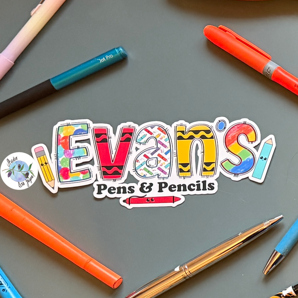 Kids Art Name Sticker Personalised Pencils Crayons Closeup - Evan's Pens and Pencils