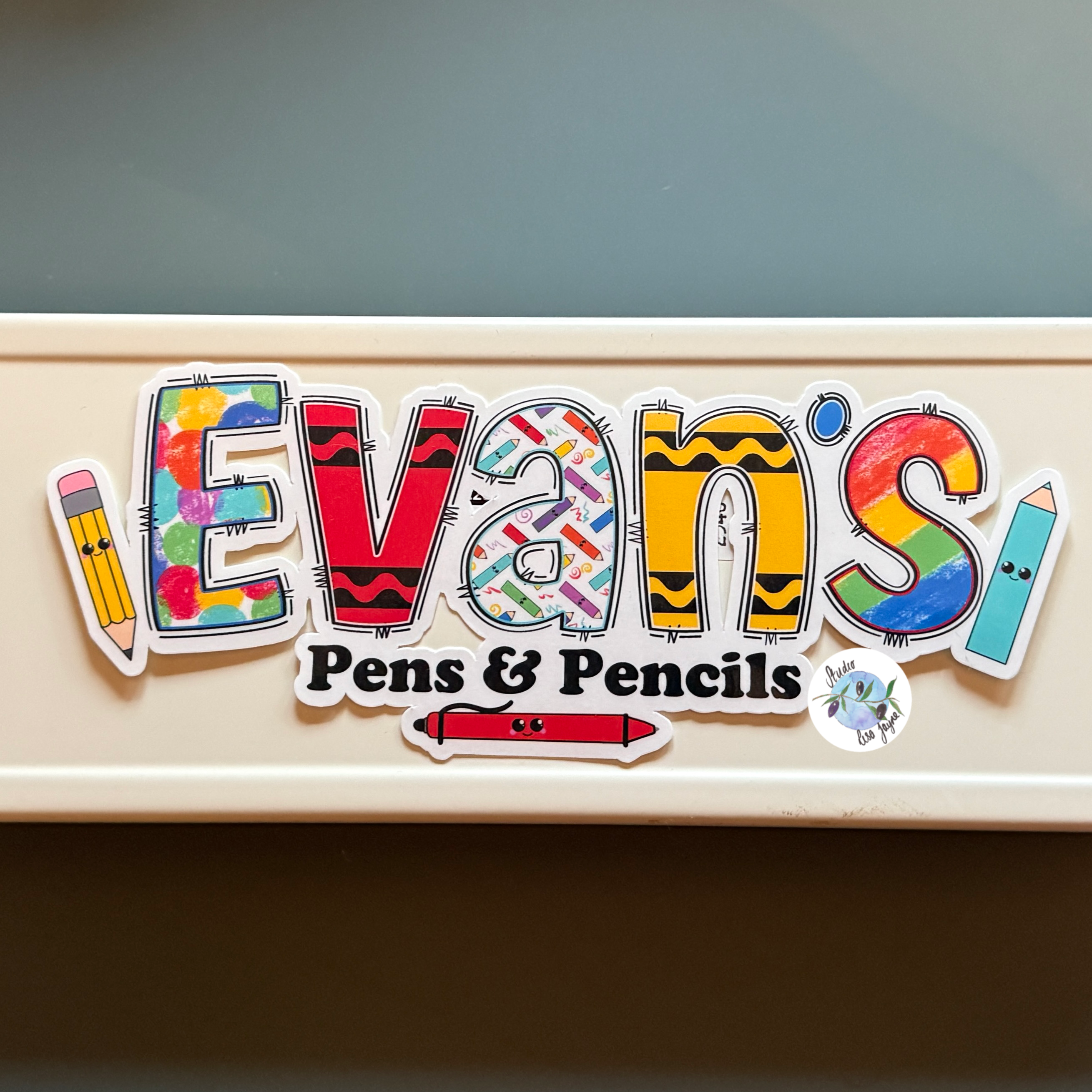 Kids Art Name Sticker Personalised Pencils Crayons - Evan's Pens and Pencils Pencil case