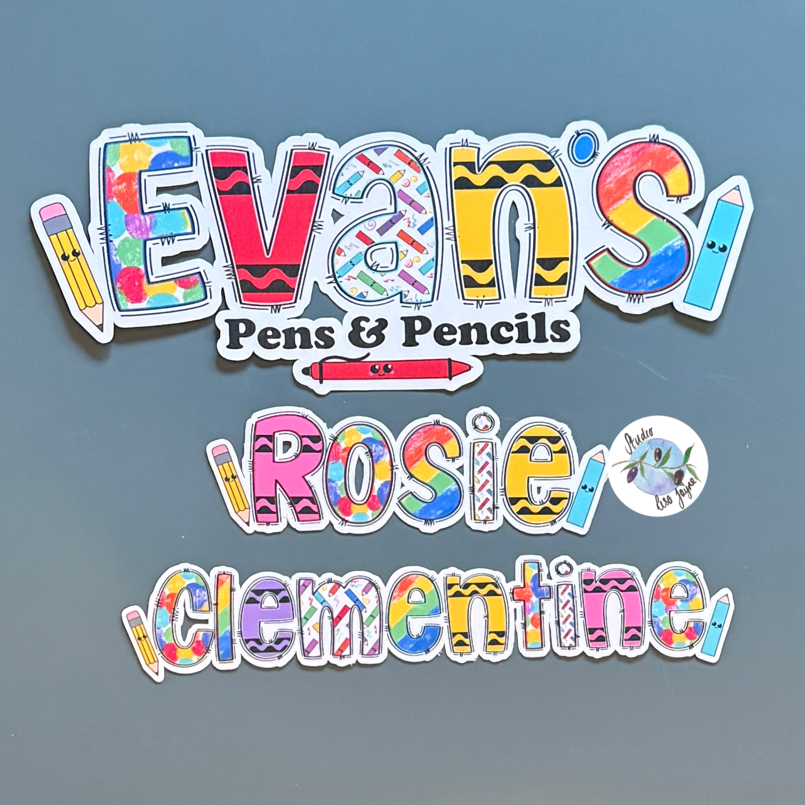 Kids Art Name Sticker Personalised Pencils Crayons - Selection of Names Evan, Rosie, Clementine