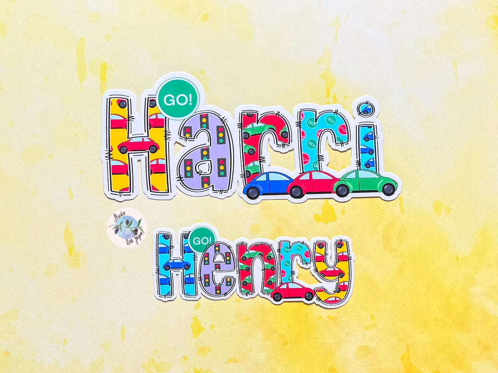 Colorful text 'Harri' and 'Henry' with cartoon cars on a yellow background