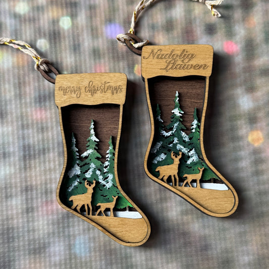 3d Hand painted Stocking Christmas tree decoration - Merry Christmas and Nadloig Llawen