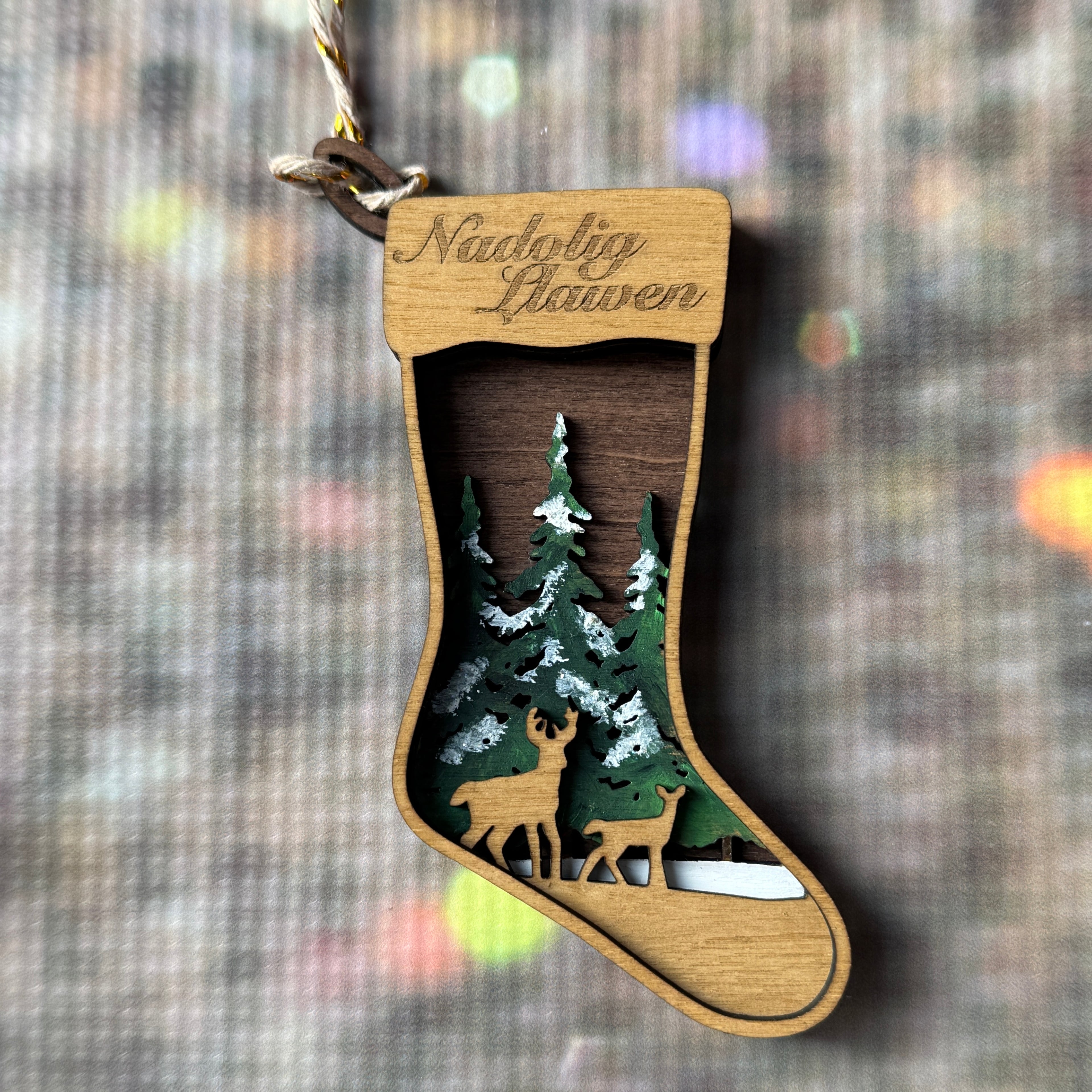 3d Hand painted Stocking Christmas tree decoration - Nadloig Llawen
