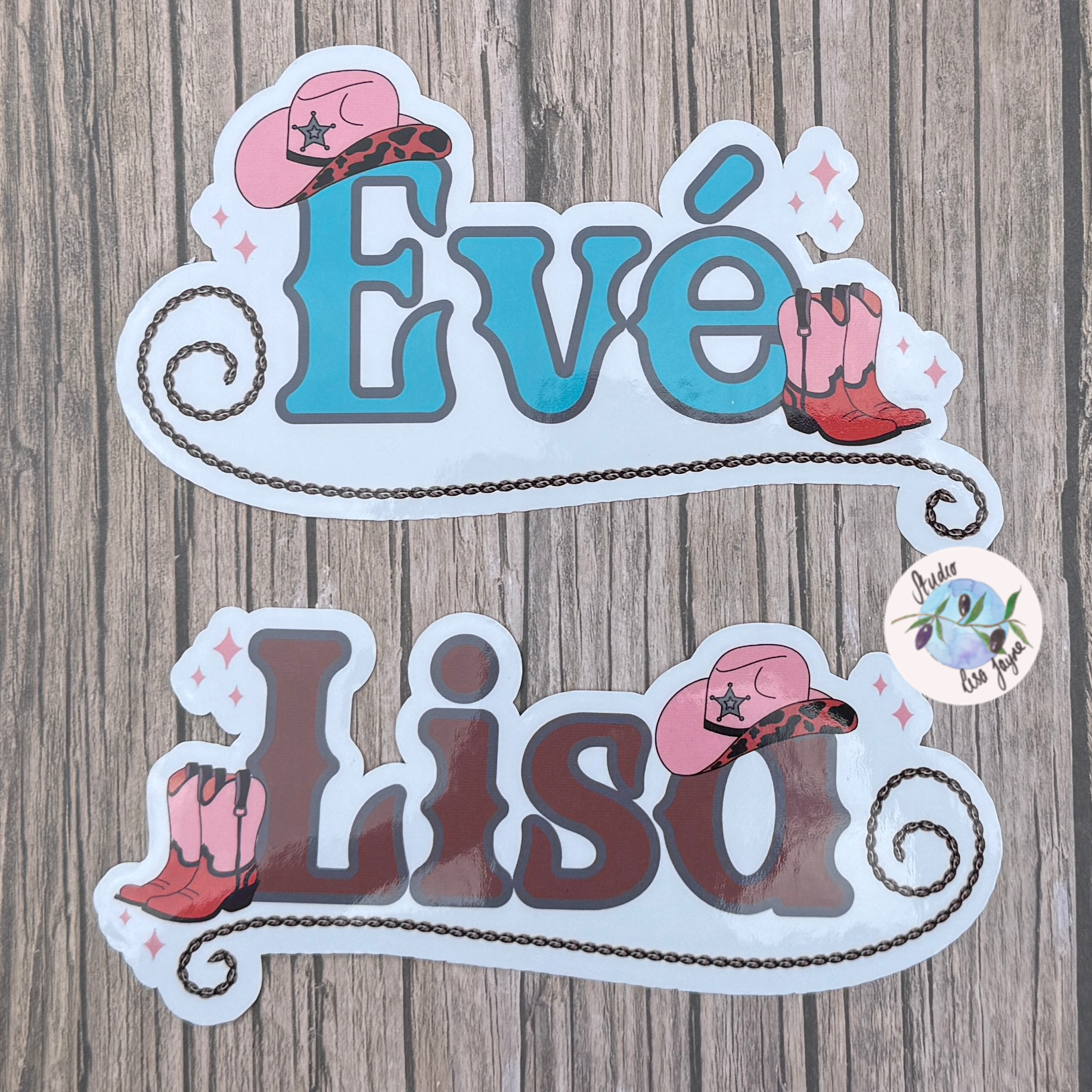 Linedancing Cowgirl Themed Personalised Waterproof Vinyl Name Sticker Brown or Turquoise options