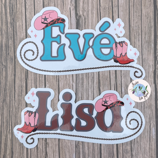 Linedancing Cowgirl Themed Personalised Waterproof Vinyl Name Sticker Brown or Turquoise options