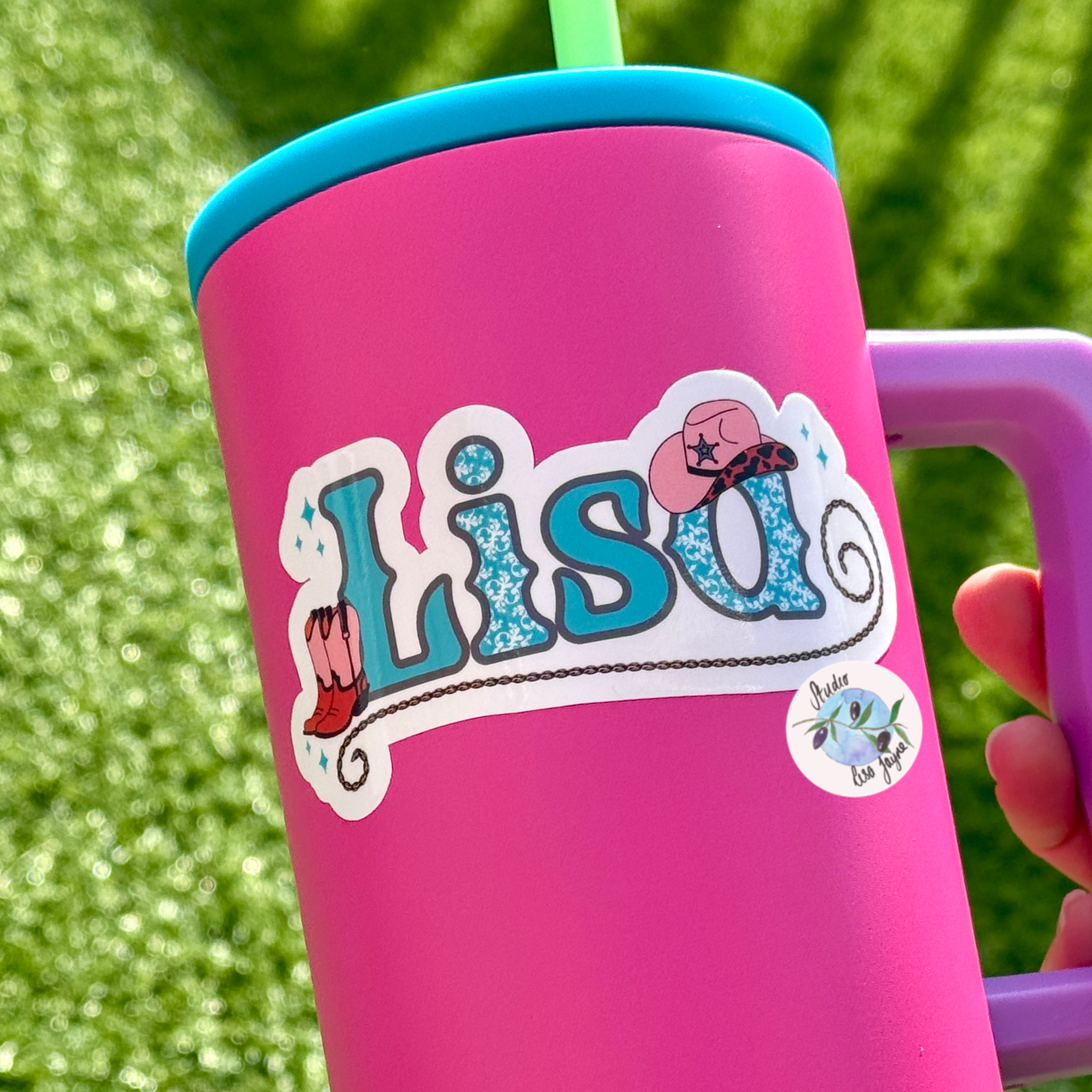 Linedancing Cowgirl Themed Personalised Waterproof Vinyl Name Sticker Turquoise Sticker applied to Water Drink Bottle 