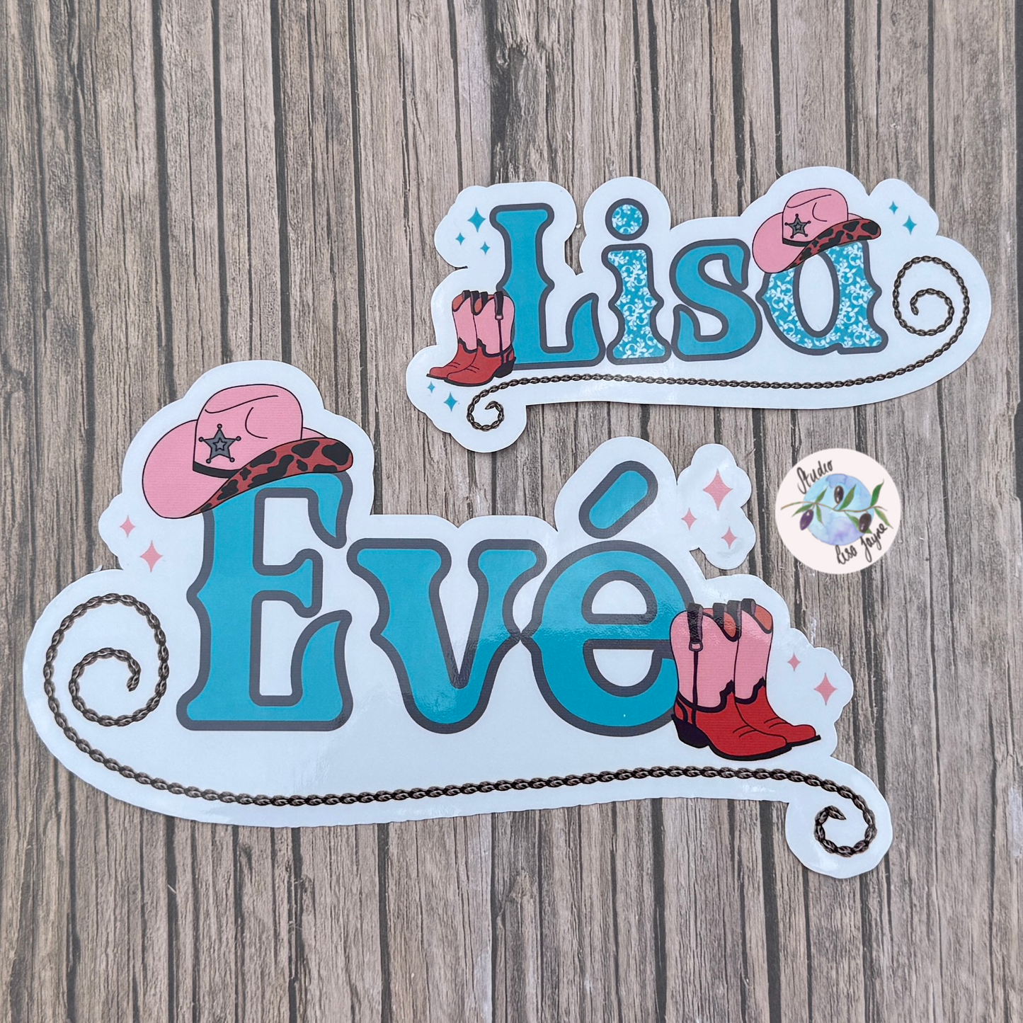Linedancing Cowgirl Themed Personalised Waterproof Vinyl Name Sticker Turquoise options