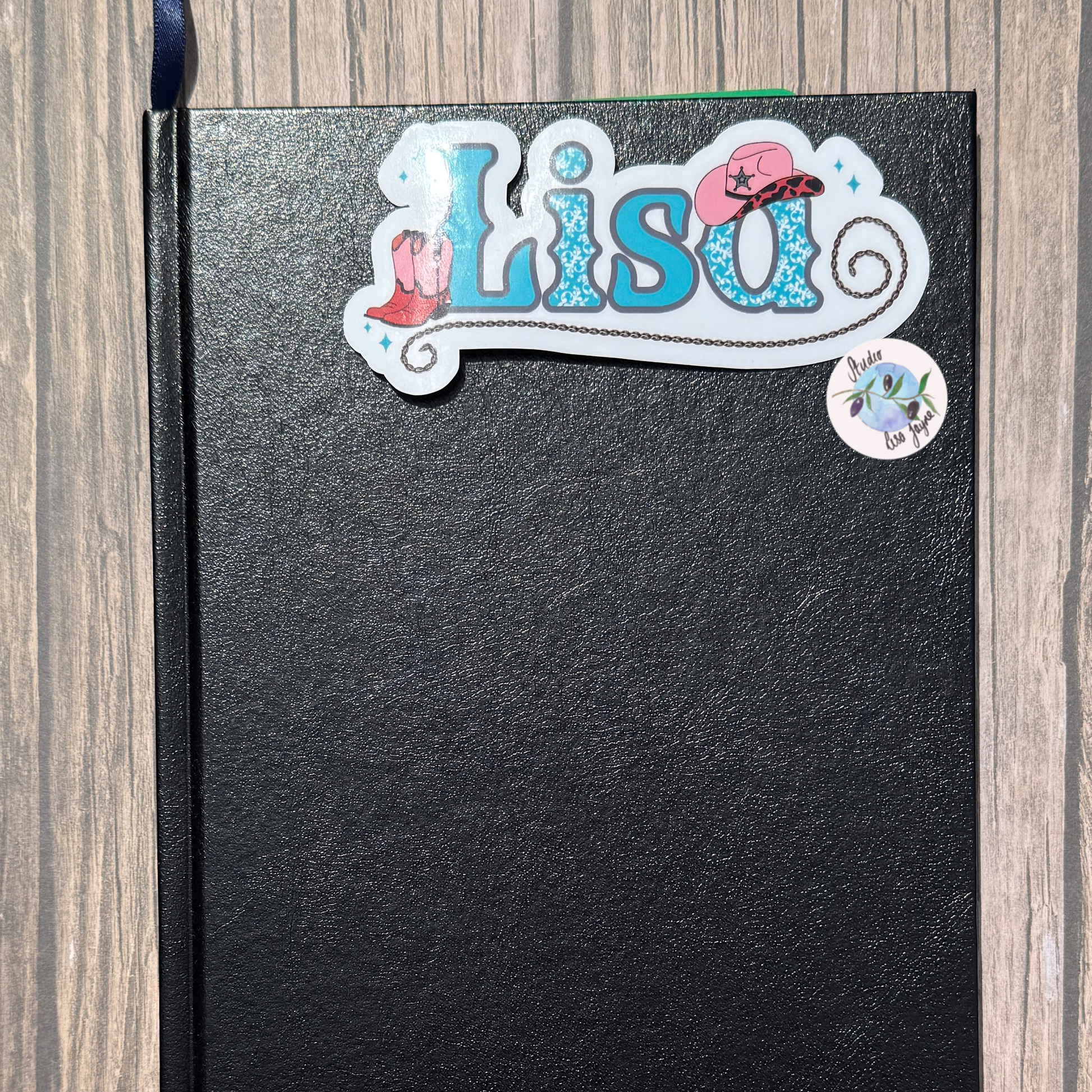 Linedancing Cowgirl Themed Personalised Waterproof Vinyl Name Sticker Turquoise applied to diary