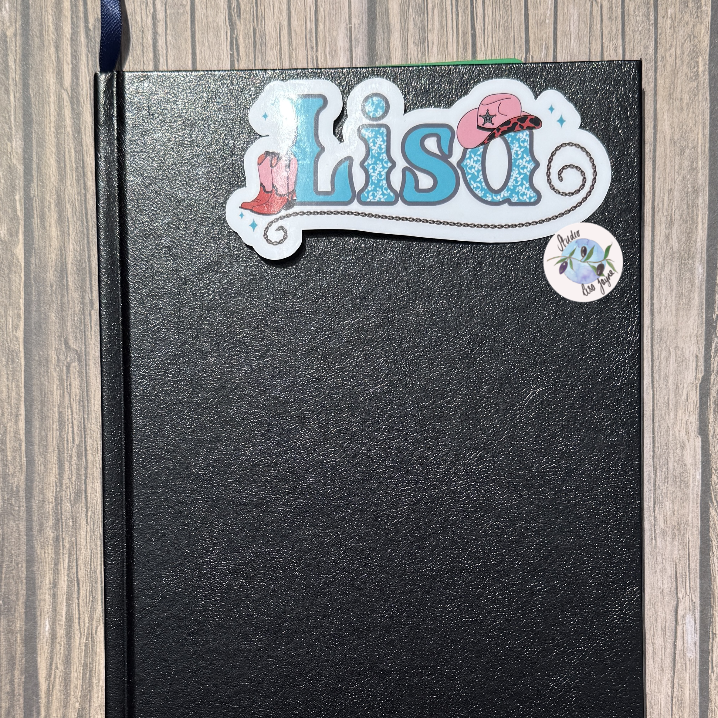 Linedancing Cowgirl Themed Personalised Waterproof Vinyl Name Sticker Turquoise applied to diary