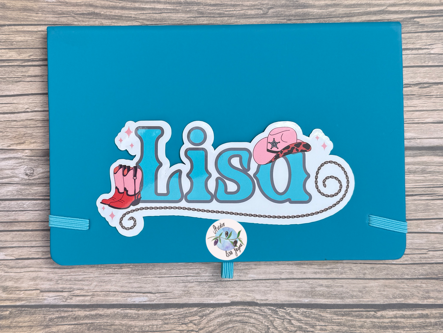 Linedancing Cowgirl Themed Personalised Waterproof Vinyl Name Sticker Turquoise Notebook
