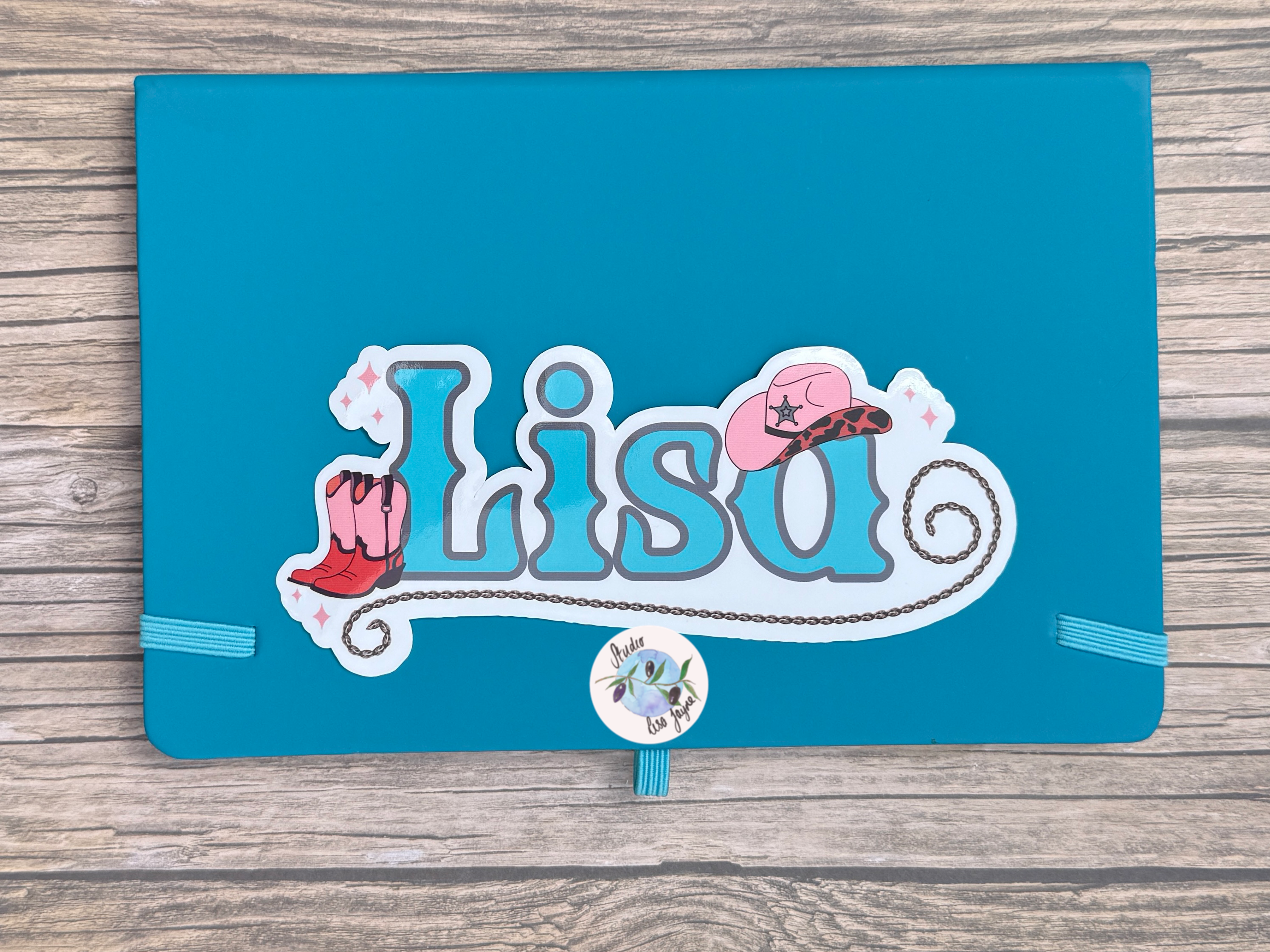 Linedancing Cowgirl Themed Personalised Waterproof Vinyl Name Sticker Turquoise Notebook