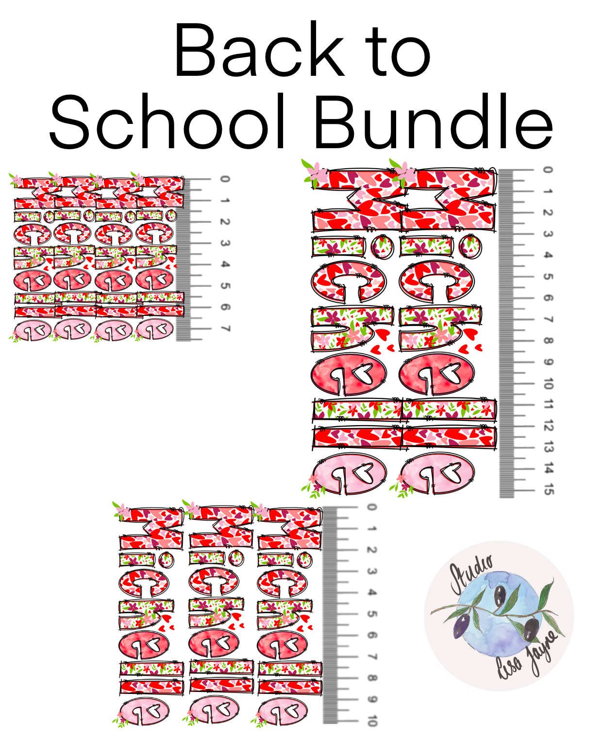 Premium waterproof Love Heart Floral vinyl stickers. Infograpic showing bundle contents