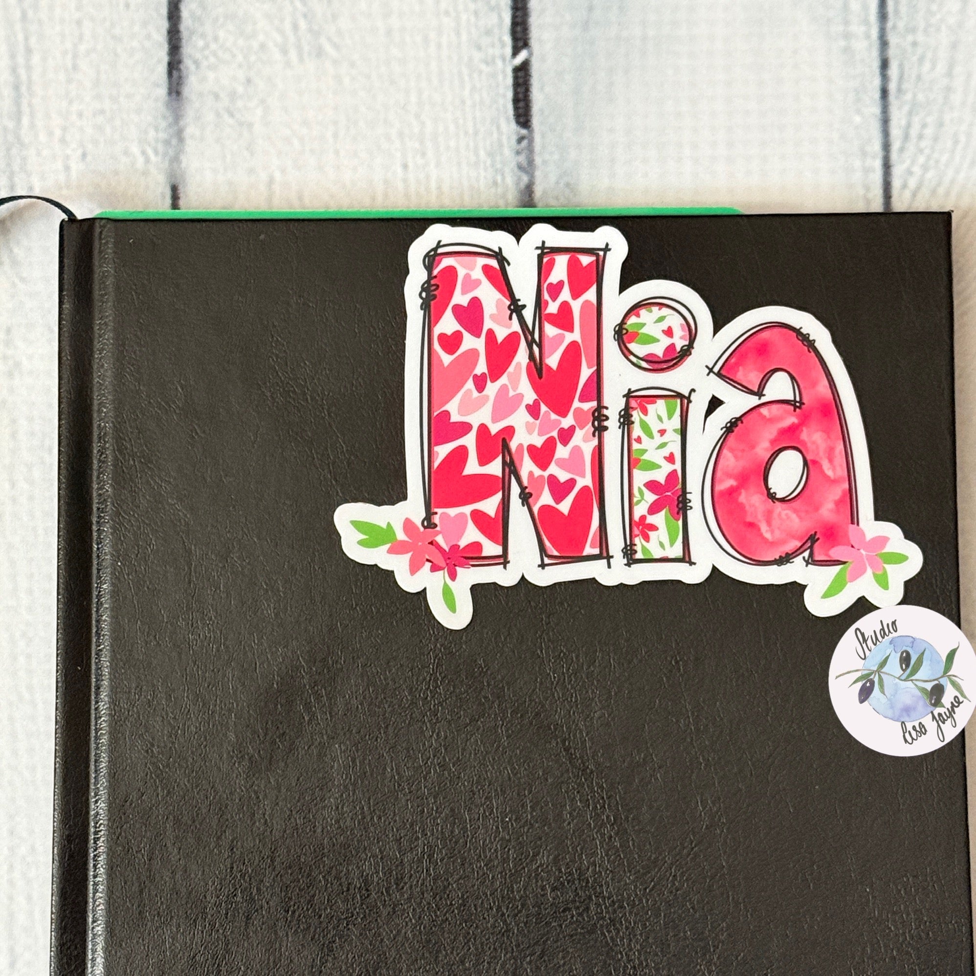 Premium waterproof Love Heart Floral vinyl stickers. Applied to Diary, Journal, Notebook - name Nia