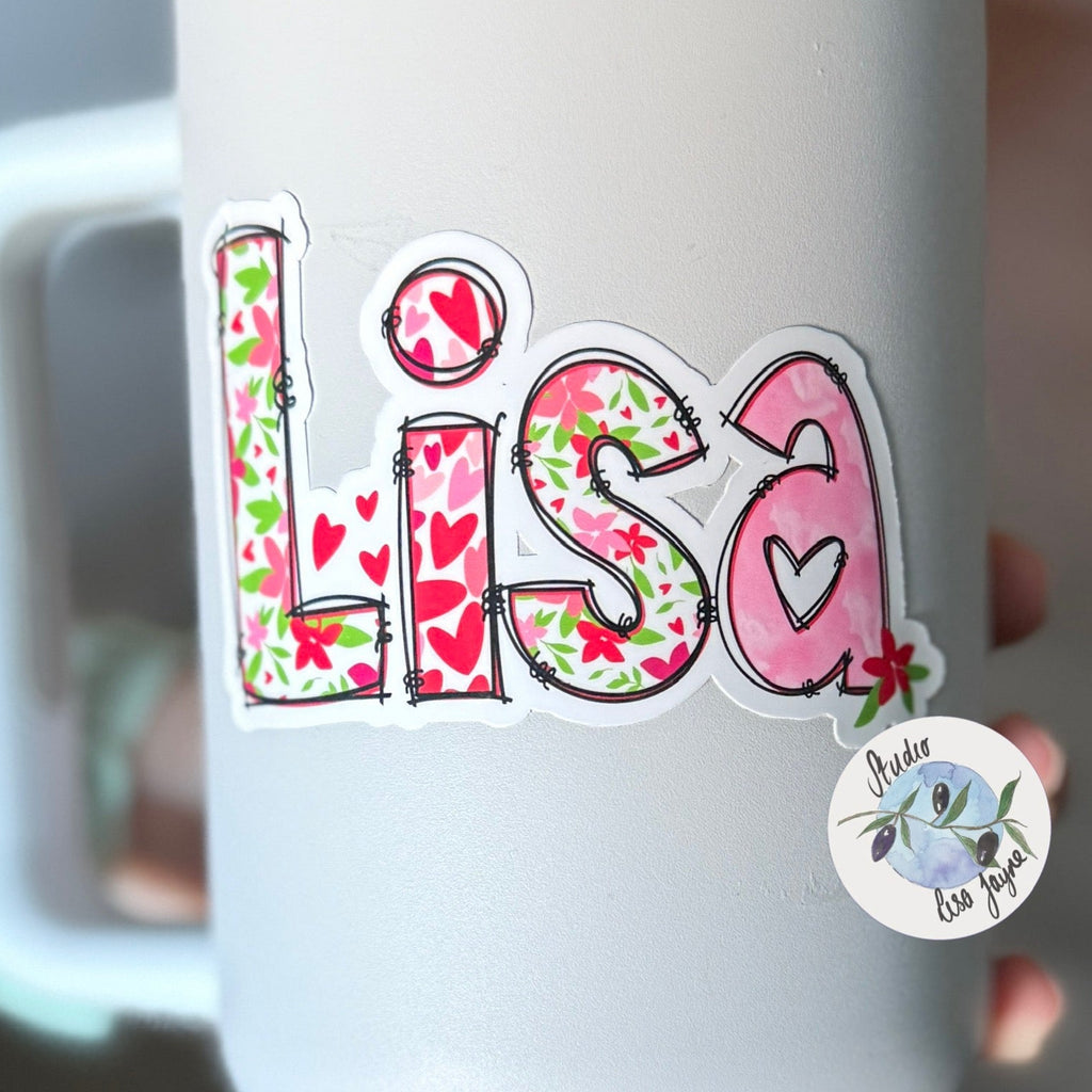 Premium waterproof Love Heart Floral vinyl stickers. Applied to drink water bottle - name Lisa