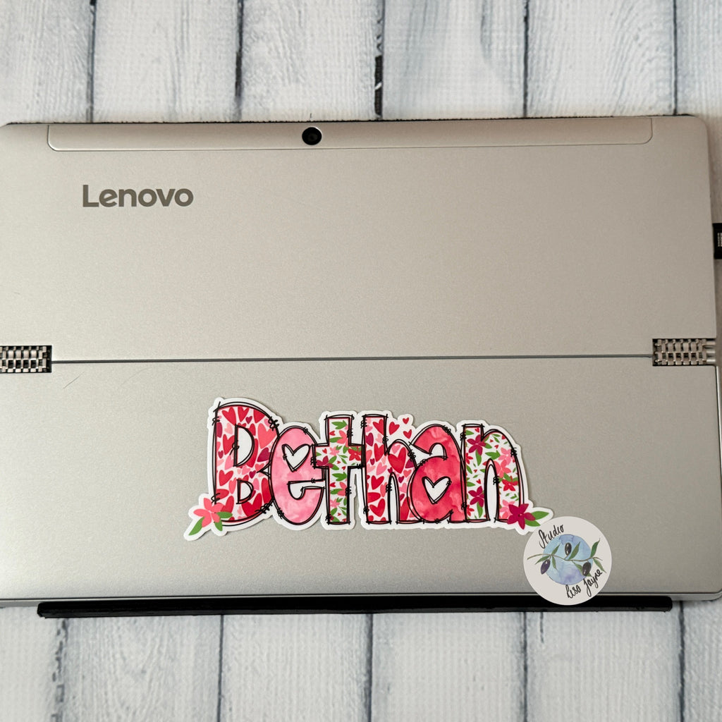 Premium waterproof Love Heart Floral vinyl stickers. Applied to Laptop - name Bethan