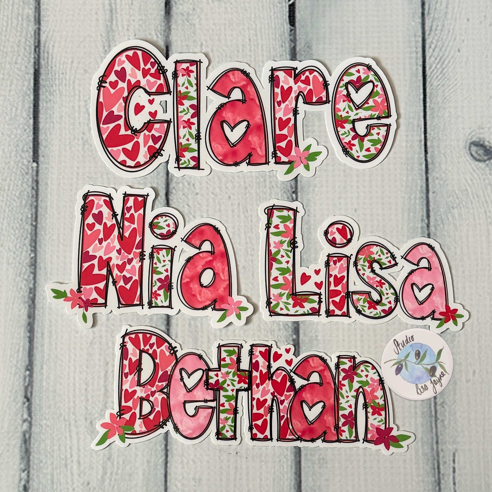 Premium waterproof Love Heart Floral vinyl stickers. Collection of names Clare, Nia, Lisa, Bethan