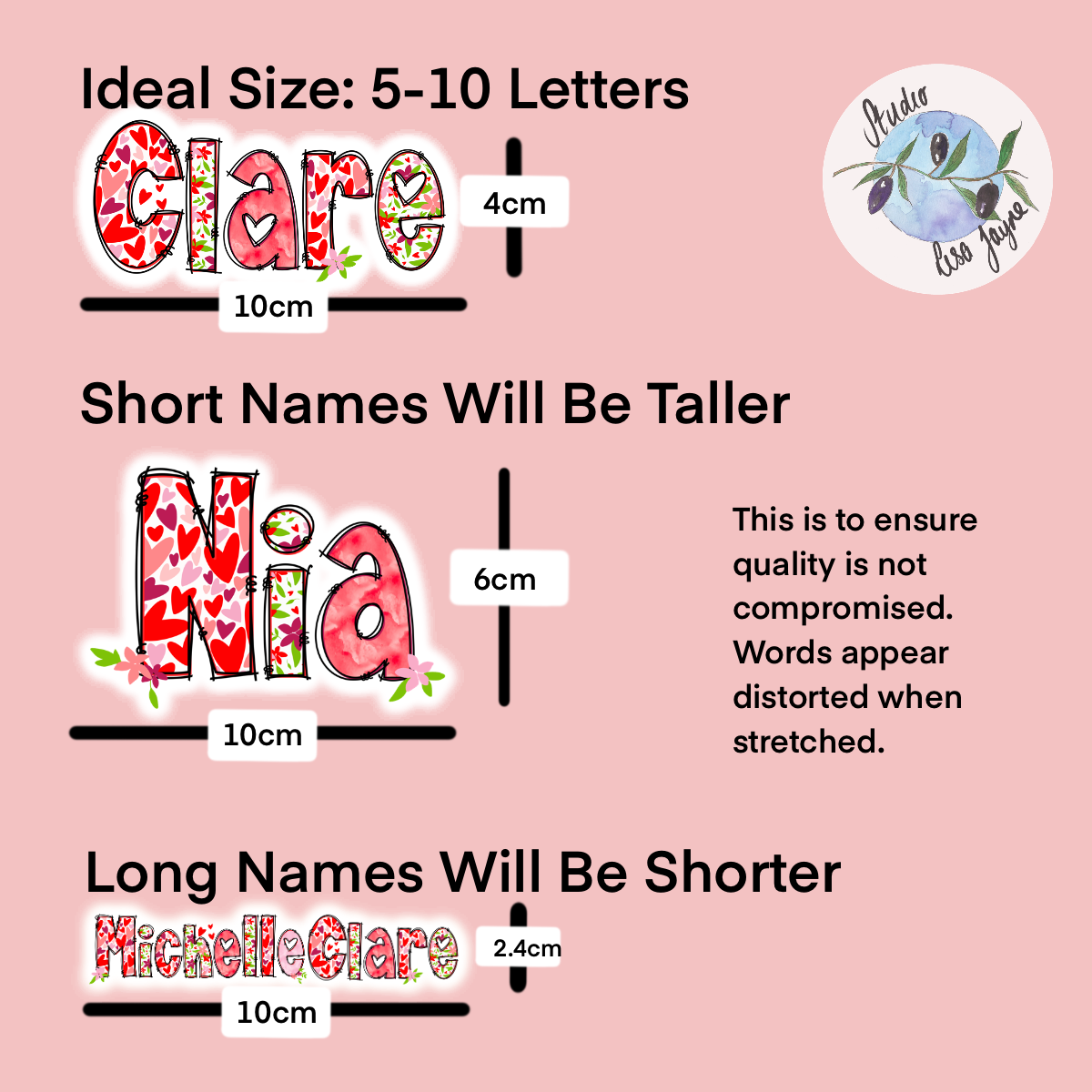 Premium waterproof Love Heart Floral vinyl stickers. Size Guide