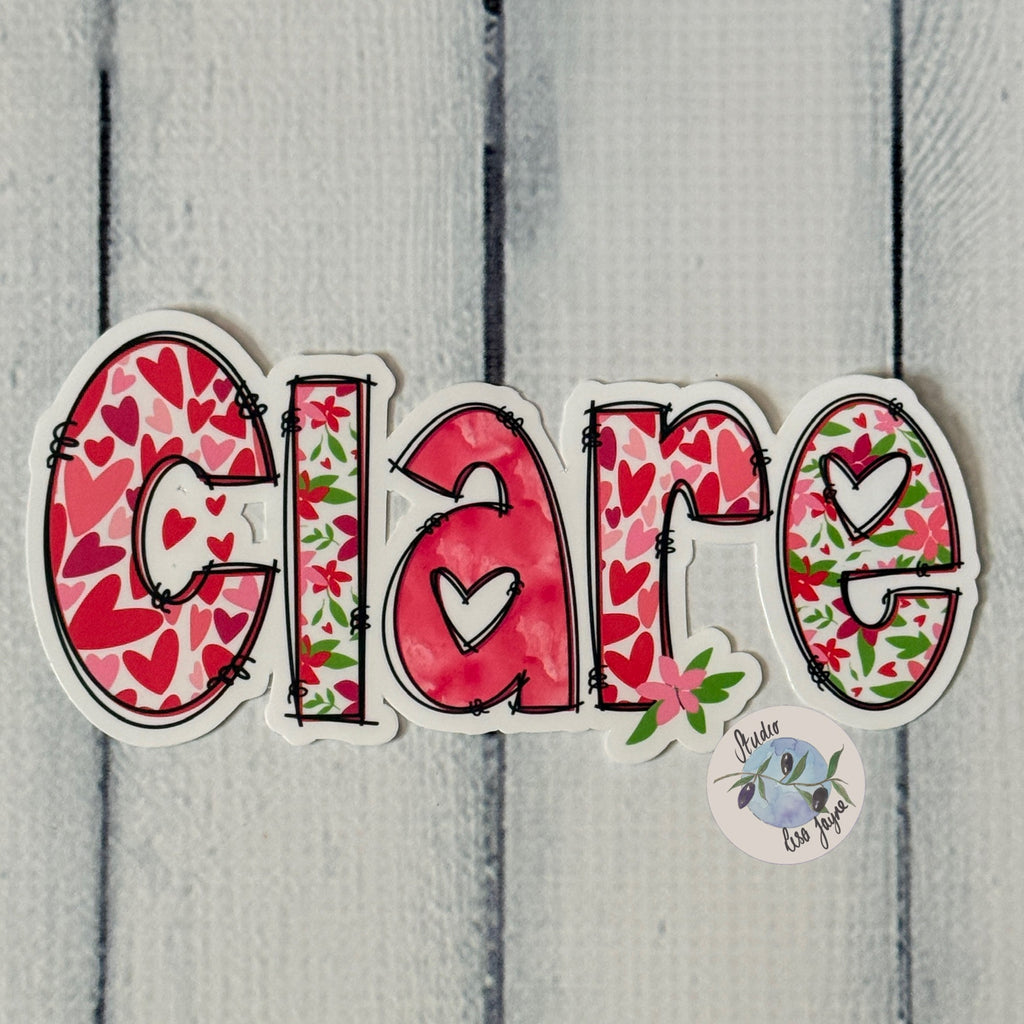 Premium waterproof Love Heart Floral vinyl stickers. Closeup of name Clare