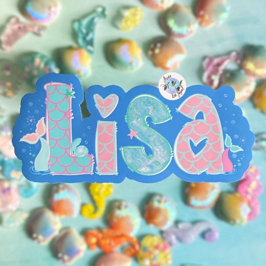 Sticker with the name 'Lisa' surrounded by mermaid-themed decorations and bubbles on a colorful background