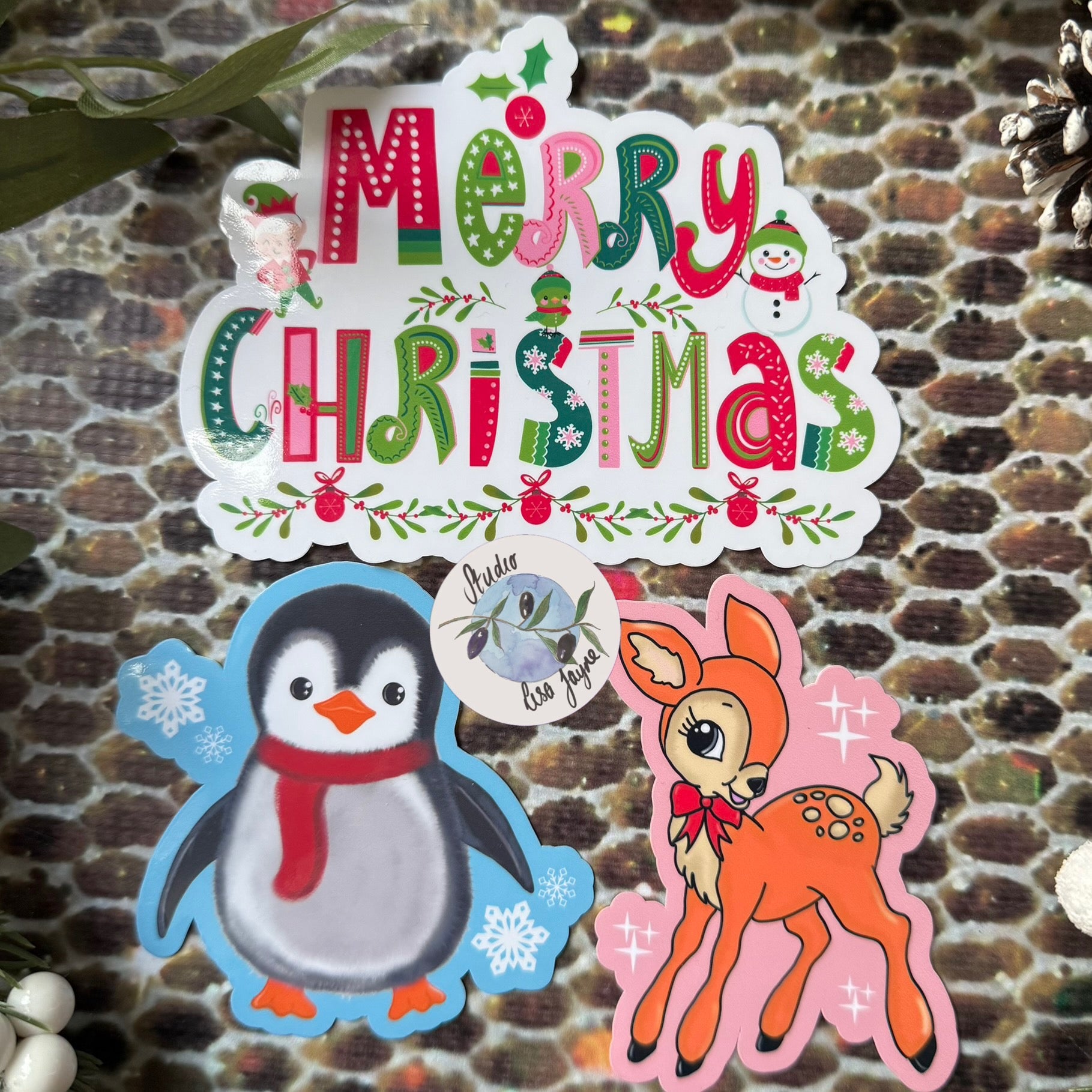 Merry Christmas Sticker - Waterproof Vinyl Decal 2024 collection with deer and penguin