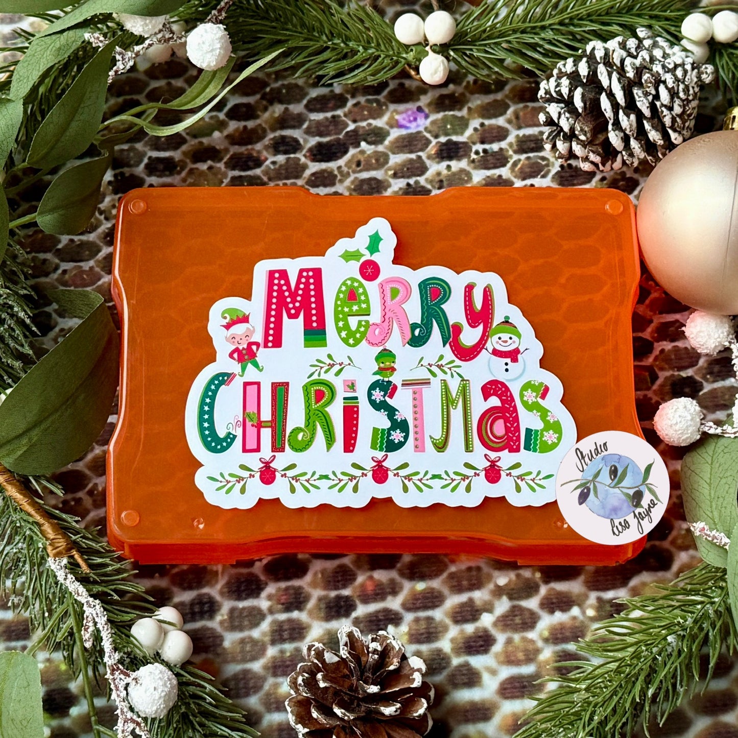 Merry Christmas Sticker - Waterproof Vinyl Decal stuck to plastic box