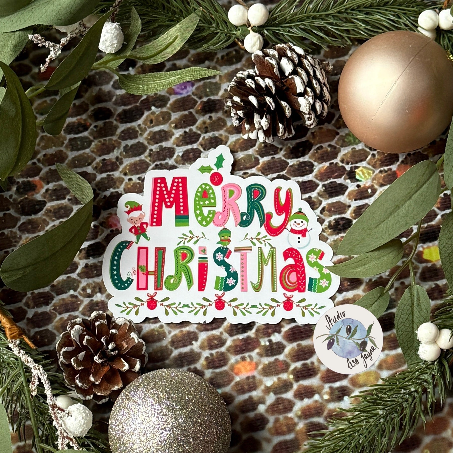 Merry Christmas Sticker - Waterproof Vinyl Decal Wide Angle View