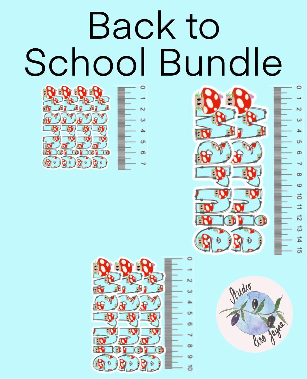 Back to School Bundle with stationery items and rulers on a light blue background