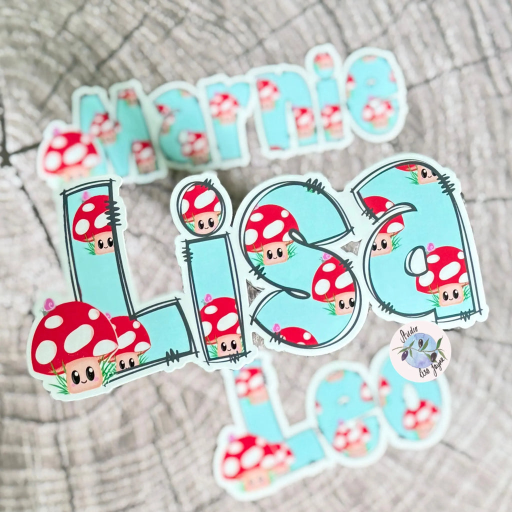 Sticker set with cartoon mushrooms and the name 'Lisa' on a textured background