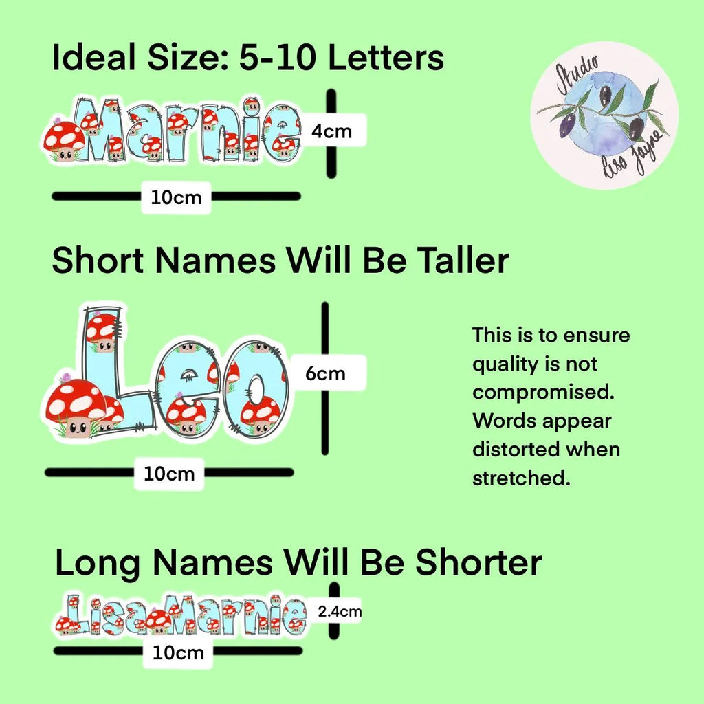 Chart showing ideal size for stickers with names, featuring 'Marnie' and 'Liaa Marnie' on a green background.
