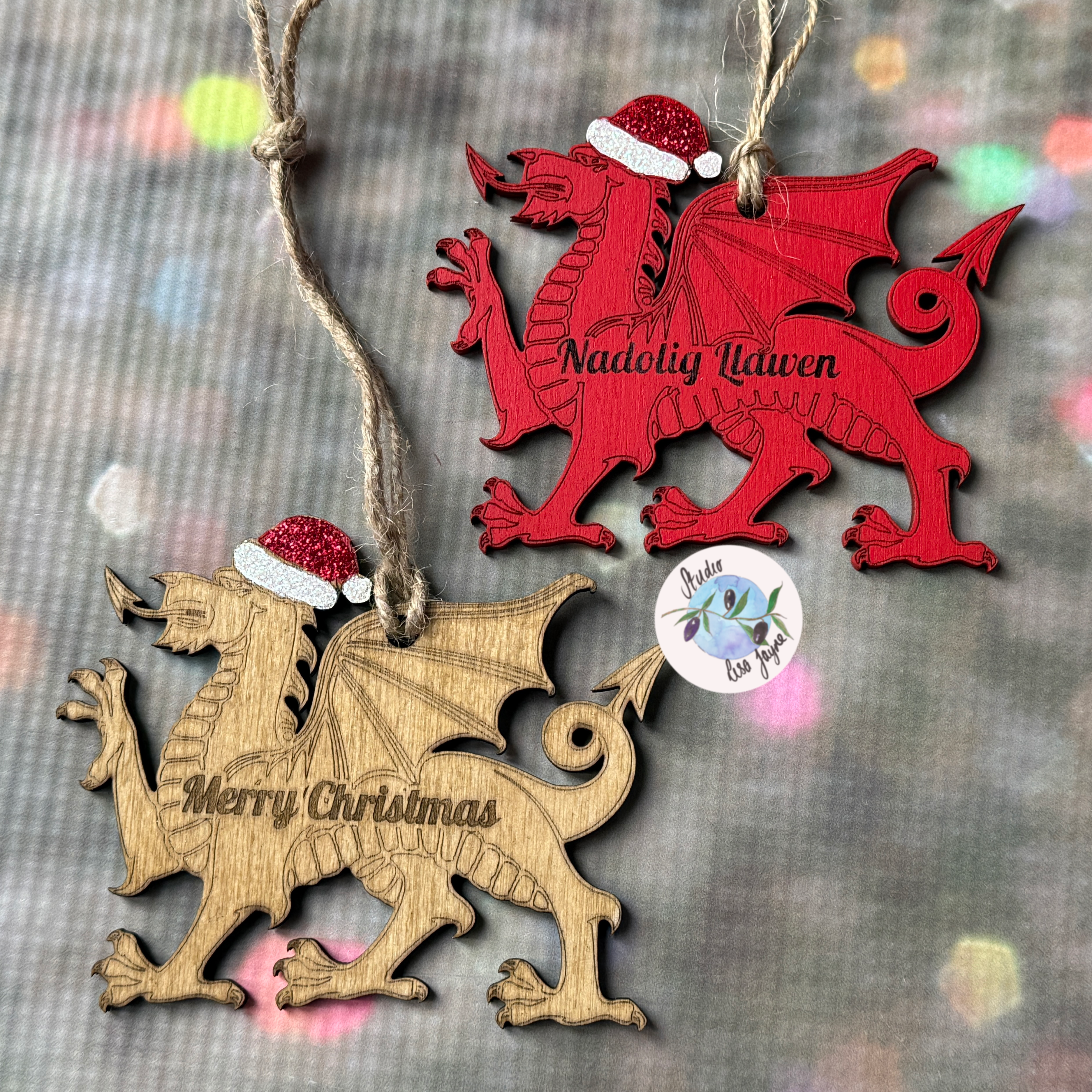 Christmas Welsh Dragon Hand Painted Hanging Decor - hand painted red and stained wood - engraved message Merry Christmas and Nadolig Llawen