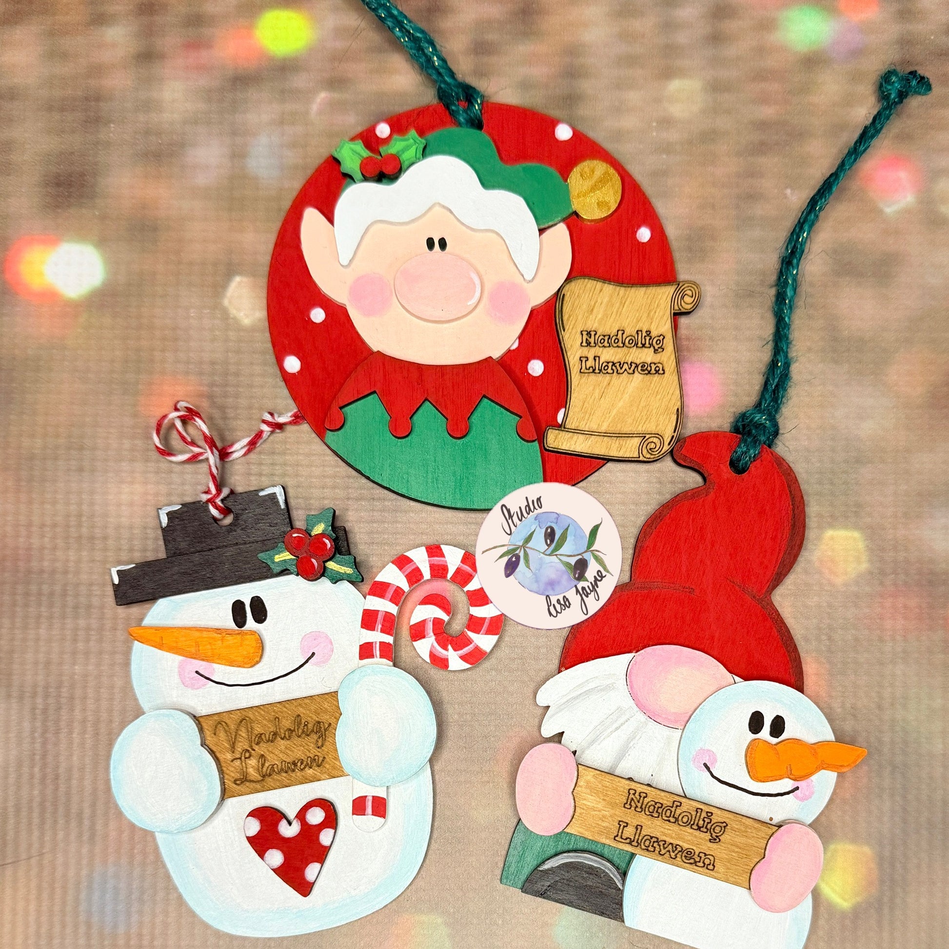 Nadolig Llawen Elf Christmas Tree Decoration Handmade Wooden Decoration Made in Wales - Green Elf With Nadolig Llawen Snowman and Gonk