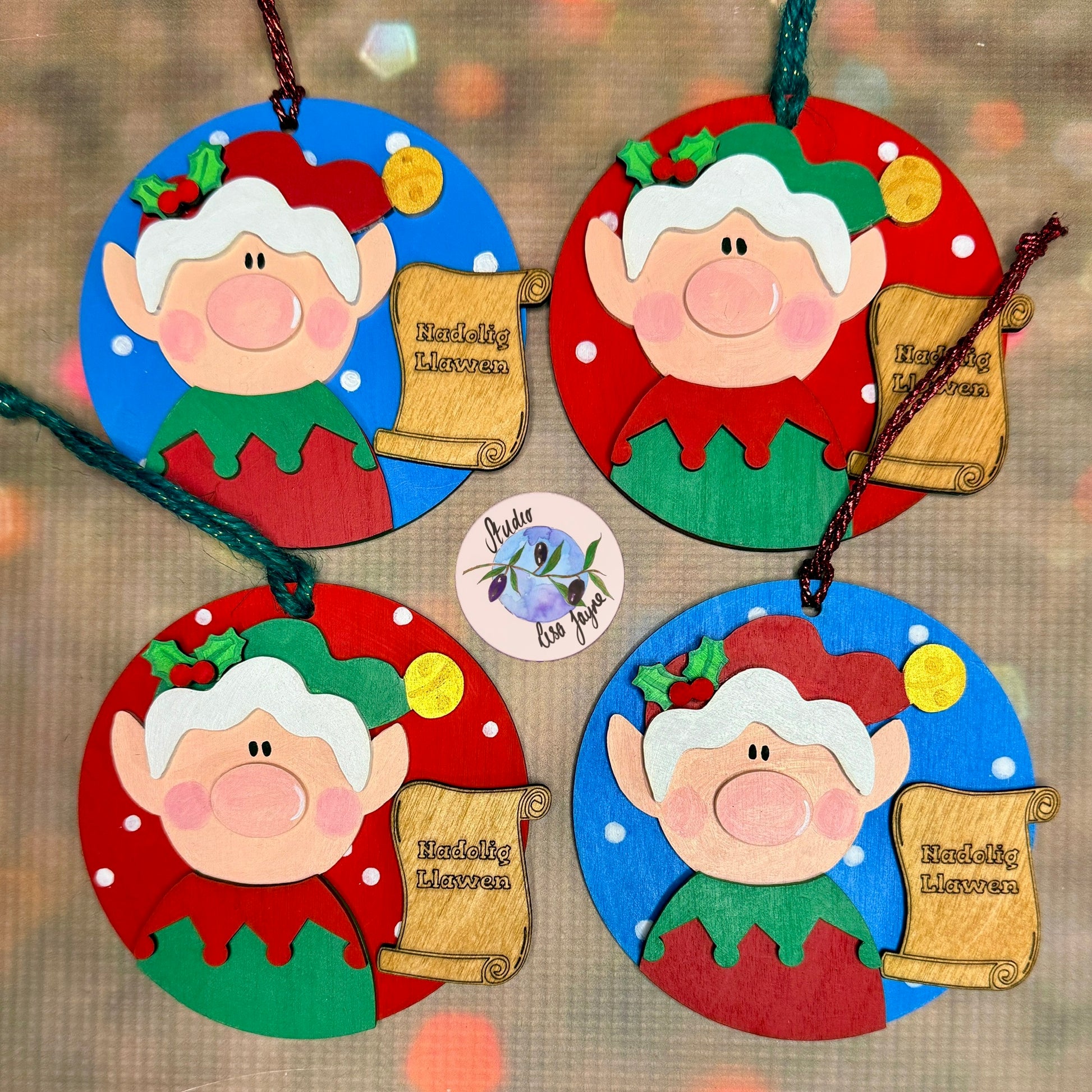 Nadolig Llawen Elf Christmas Tree Decoration Handmade Wooden Decoration Made in Wales - Red Elf and Green Elf Both Styles 