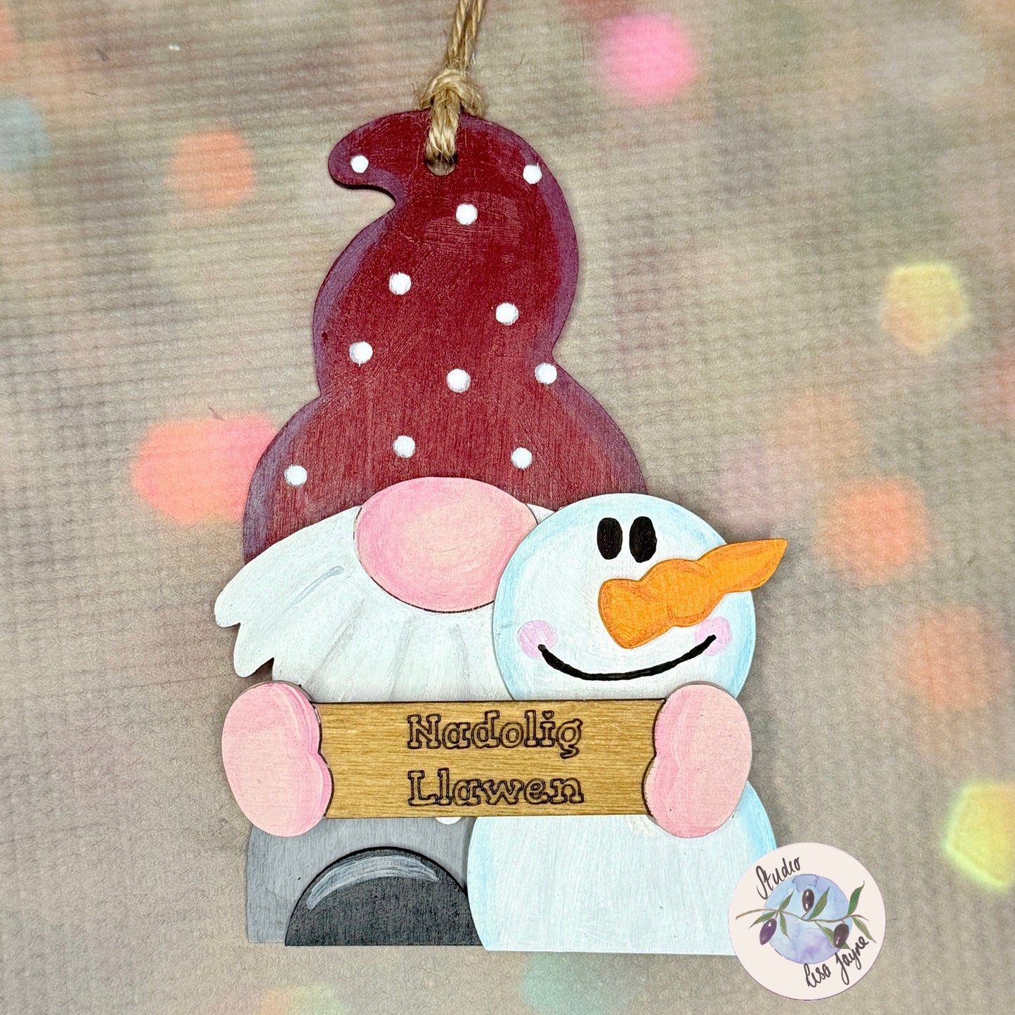 Nadolig Llawen Gonk Gnome Snowman Christmas Tree Decoration Layered 3D - Burgundy Spotty Hat