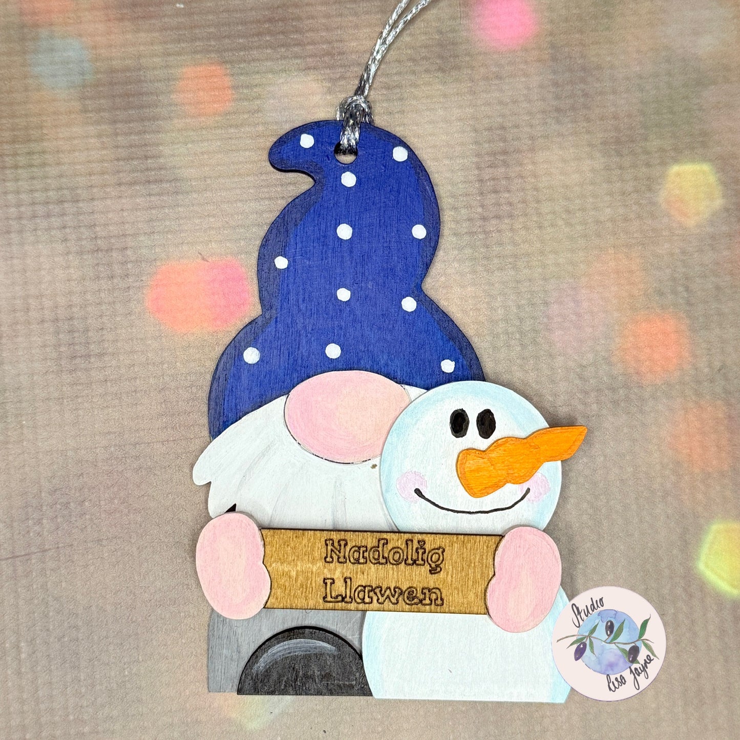 Nadolig Llawen Gonk Gnome Snowman Christmas Tree Decoration Layered 3D - Blue Spotty Hat