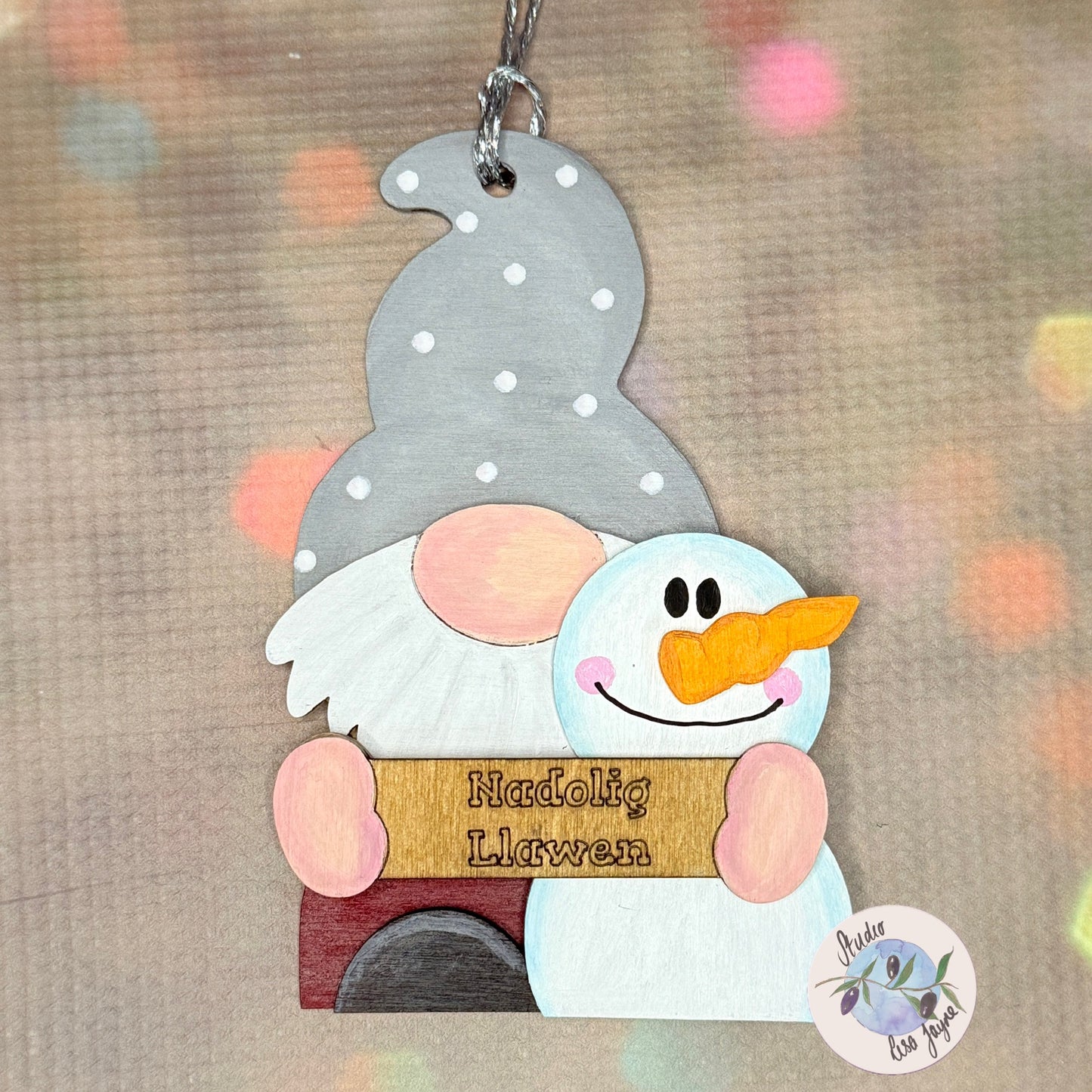 Nadolig Llawen Gonk Gnome Snowman Christmas Tree Decoration Layered 3D - Grey Gray Spotty Hat