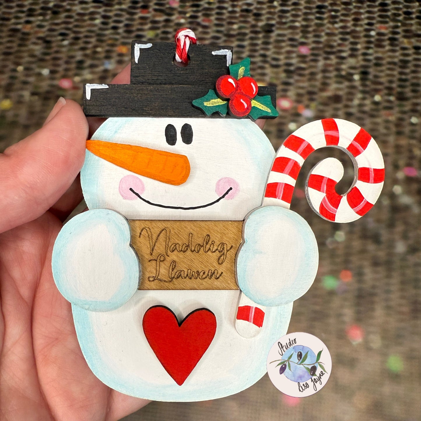 Nadolig Llawen Snowman Christmas Tree Decoration Handmade Wooden In Hand