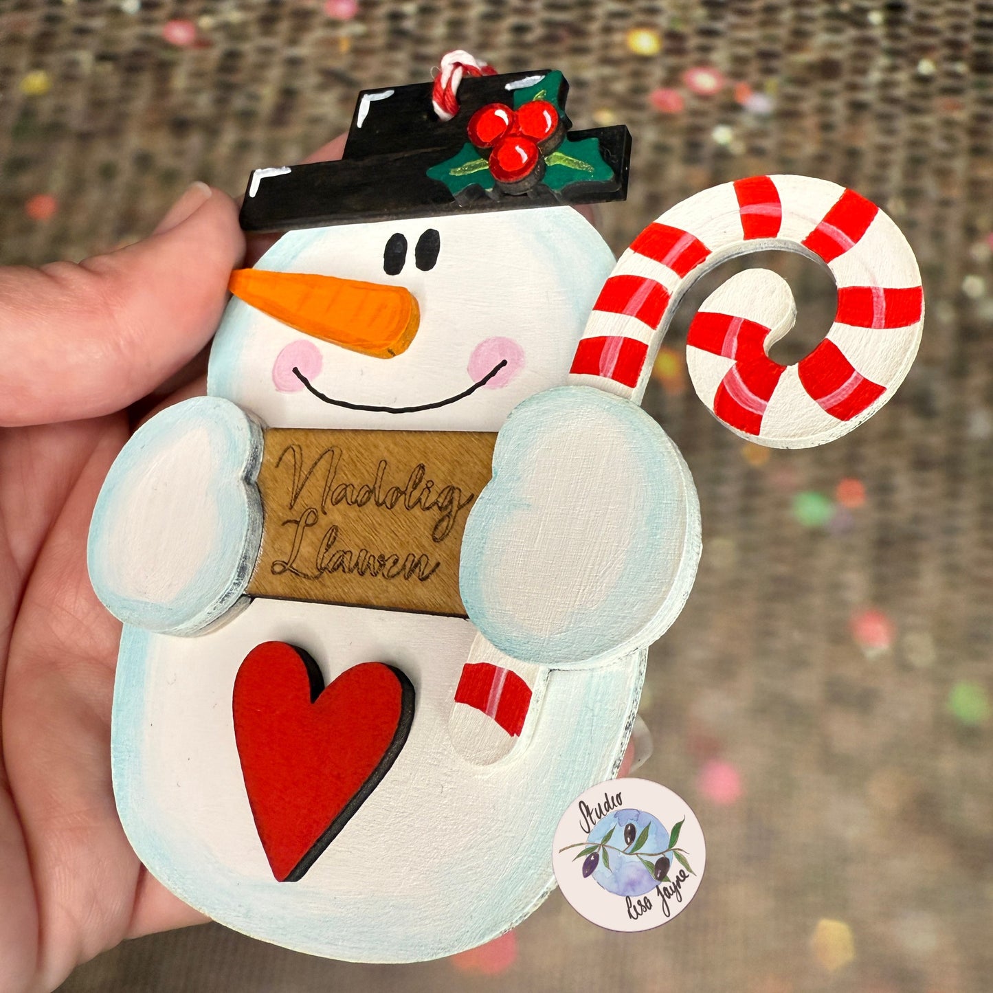 Nadolig Llawen Snowman Christmas Tree Decoration Handmade Wooden - Side View 3D Layered