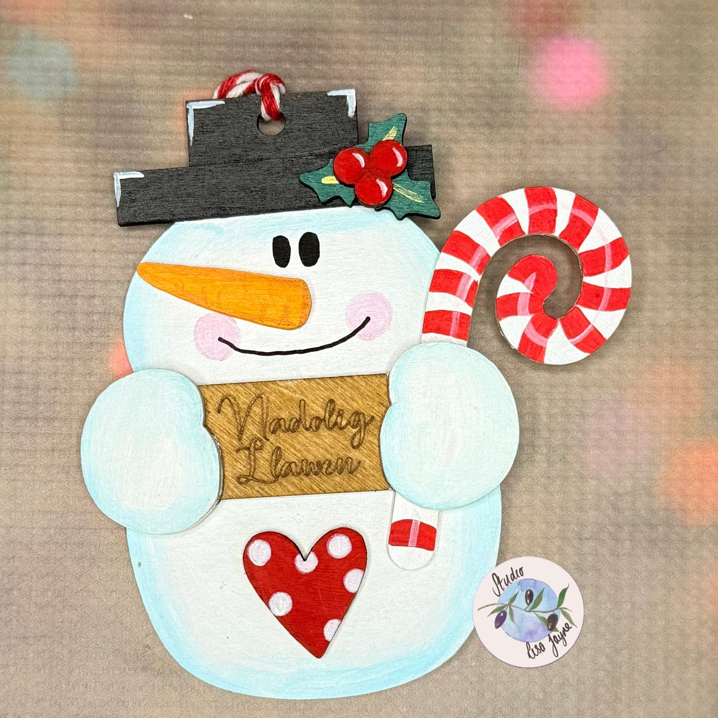 Nadolig Llawen Snowman Christmas Tree Decoration Handmade Wooden Dotty Heart Close up