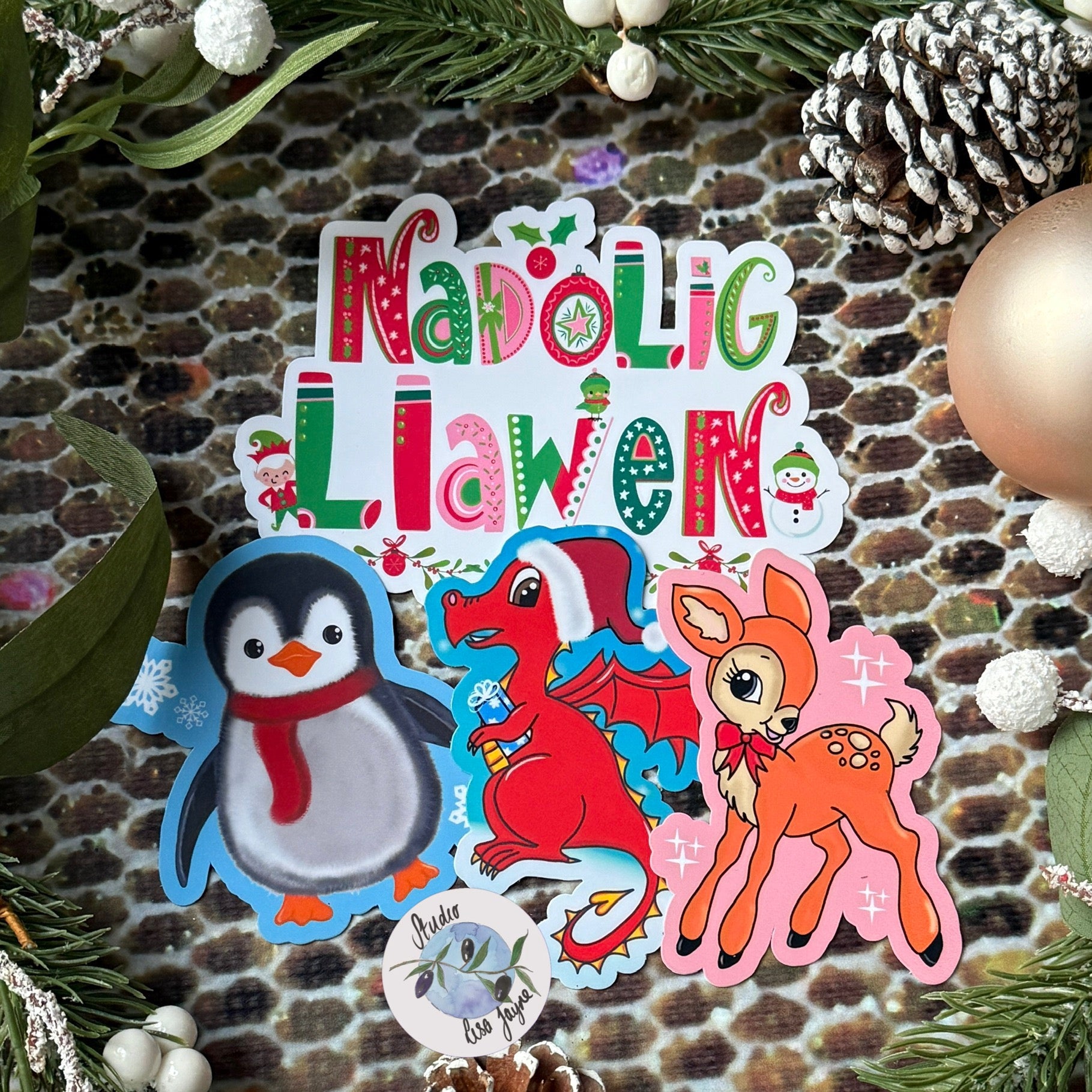 Nadolig Llawen Merry Christmas Welsh Cymraeg Vinyl Sticker - Waterproof Decal - with penguin, Christmas Welsh Dragon and Deer