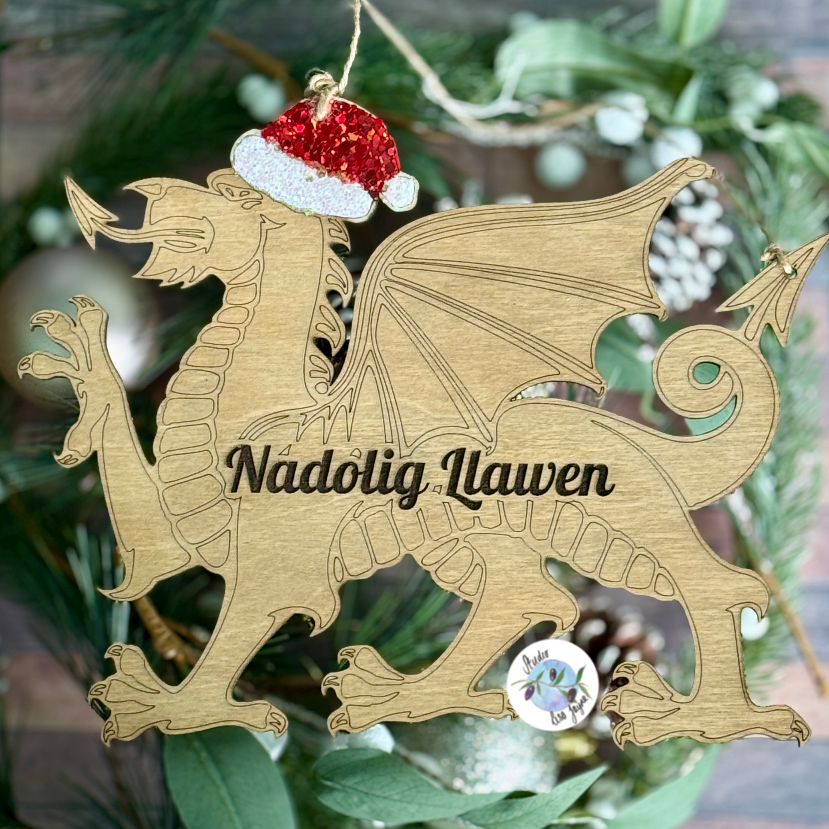 Nadolig Llawen Welsh Christmas Dragon Hanging Sign with glittered hat.  25cm width