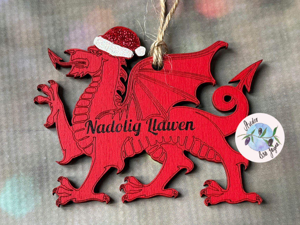 Christmas Welsh Dragon Hand Painted Hanging Decor - hand painted red - custom message Nadolig Llawen