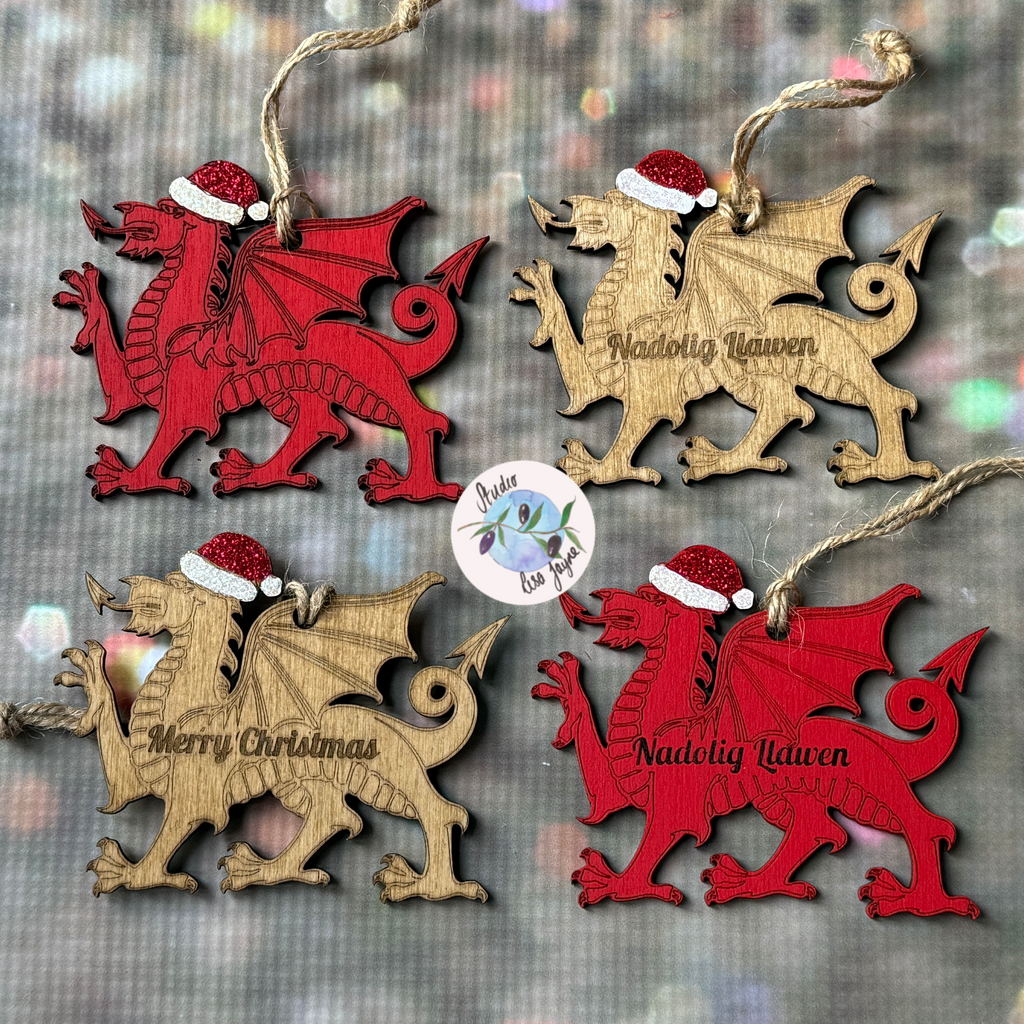 Christmas Welsh Dragon Hand Painted Hanging Decor - hand painted red and stained wood - engraved message Merry Christmas and Nadolig Llawen - variations